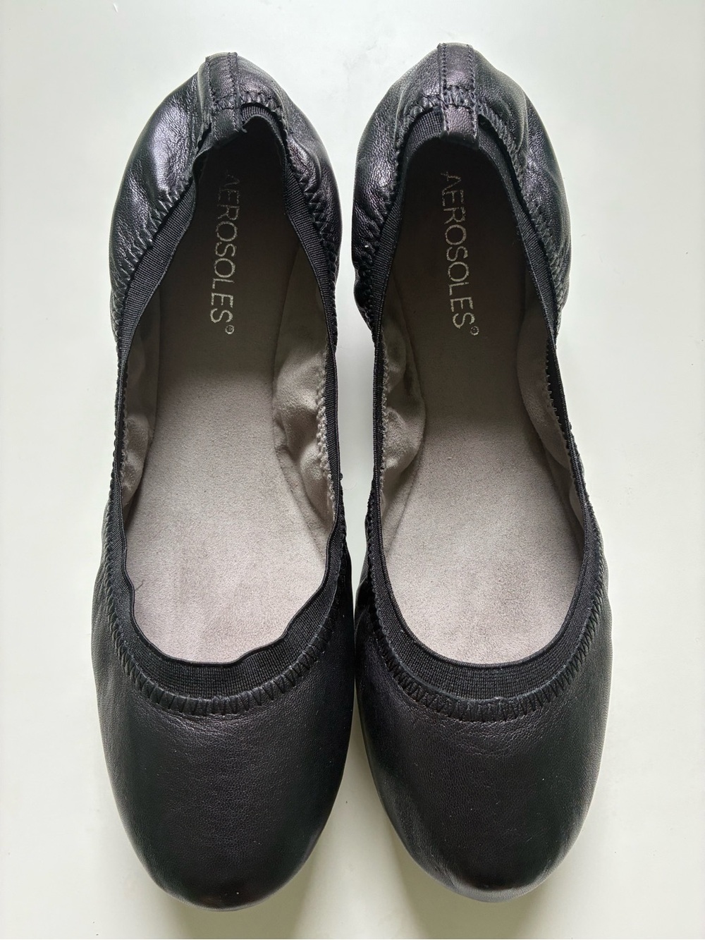AEROSOLES Black Elastic-Trim Ballet Flats Leather Size 9.5 NWOB